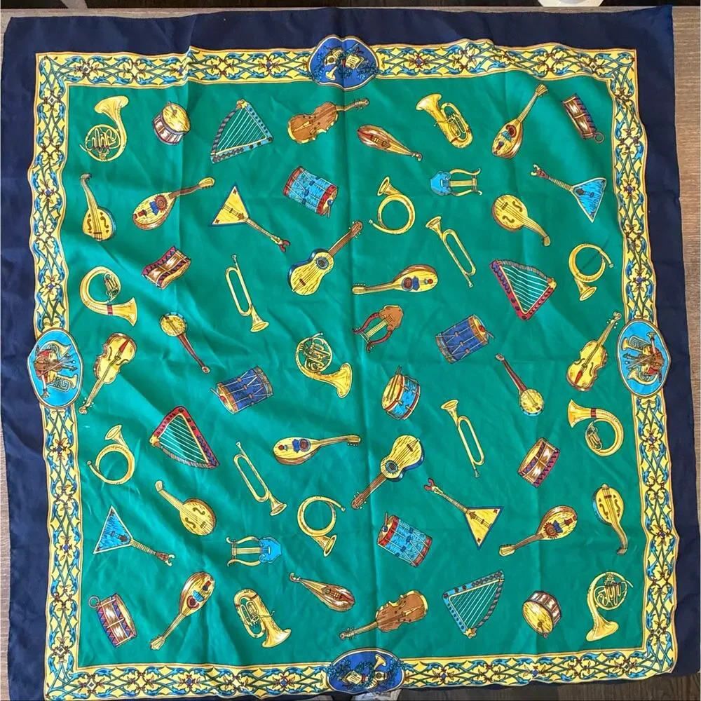 Gil De Losine Paris Navy and Green instrumental silk scarf 29’x31’ Bandana